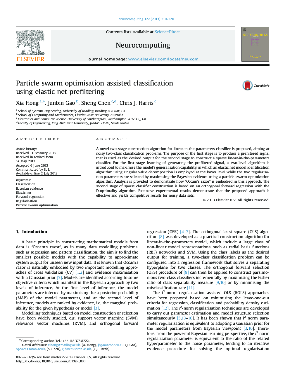 Particle swarm optimisation assisted classification using elastic net prefiltering