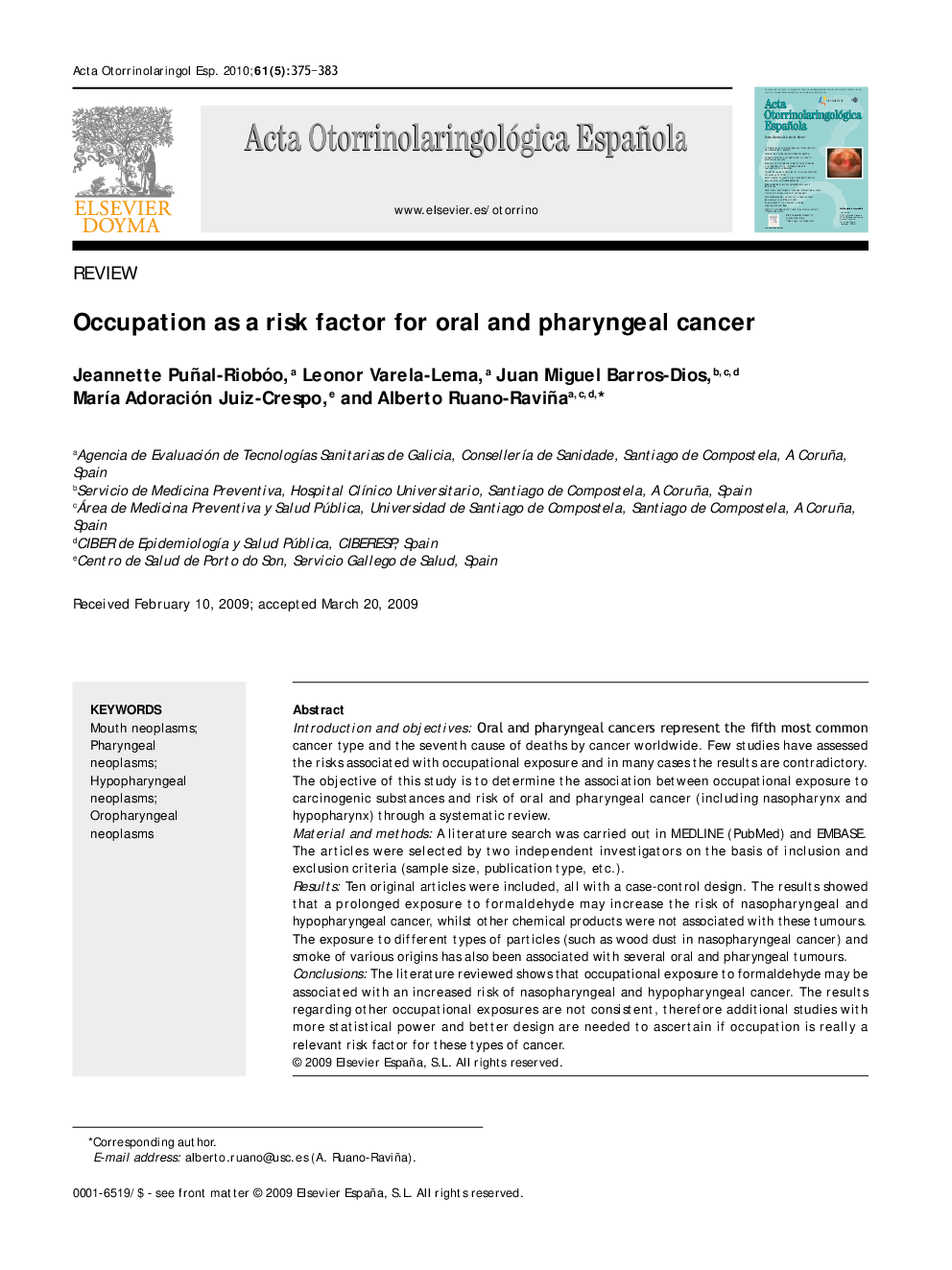 Occupation as a risk factor for oral and pharyngeal cancer