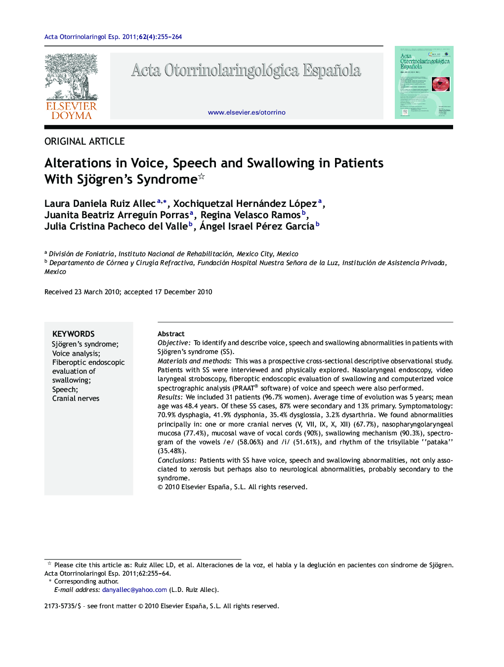 Alterations in Voice, Speech and Swallowing in Patients With Sjögren's Syndrome 