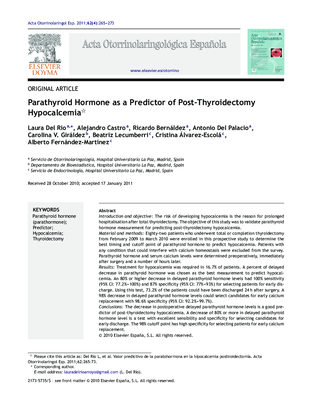 Parathyroid Hormone as a Predictor of Post-Thyroidectomy Hypocalcemia 