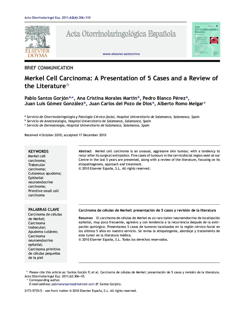 Merkel Cell Carcinoma: A Presentation of 5 Cases and a Review of the Literature 