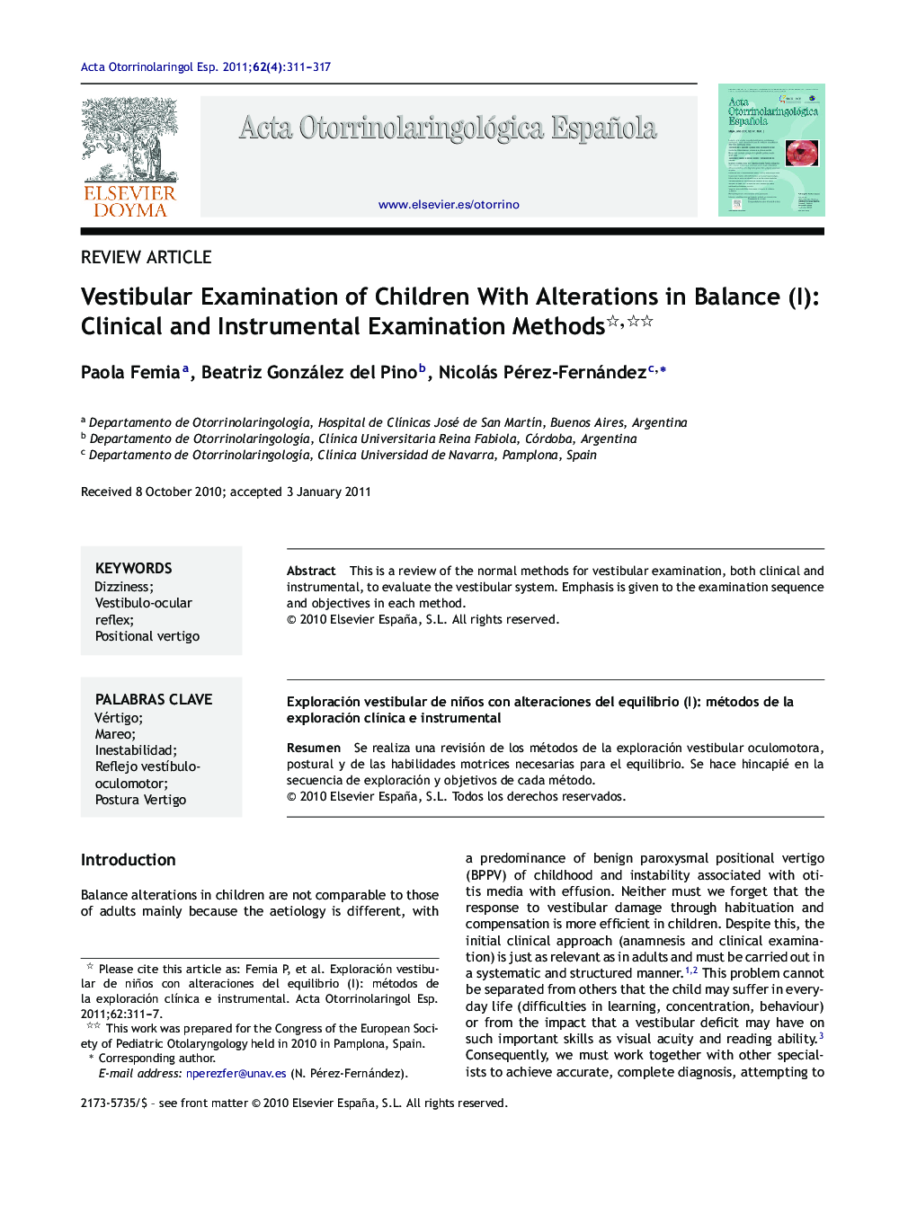 Vestibular Examination of Children With Alterations in Balance (I): Clinical and Instrumental Examination Methods 