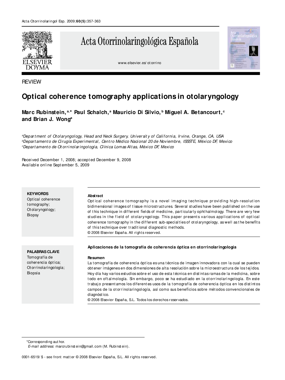 Optical coherence tomography applications in otolaryngology