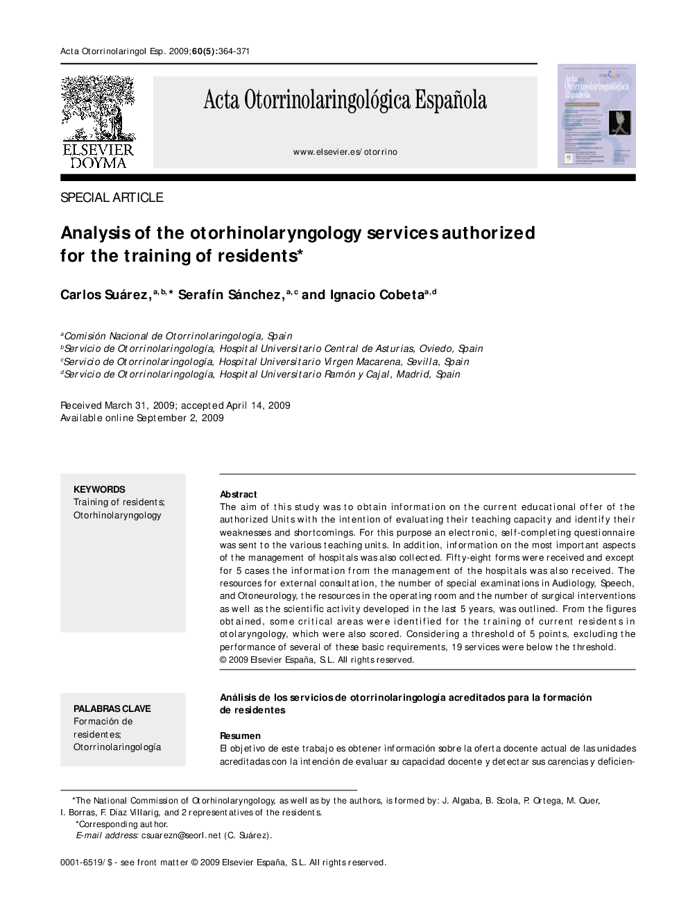 Analysis of the otorhinolaryngology services authorized for the training of residents 