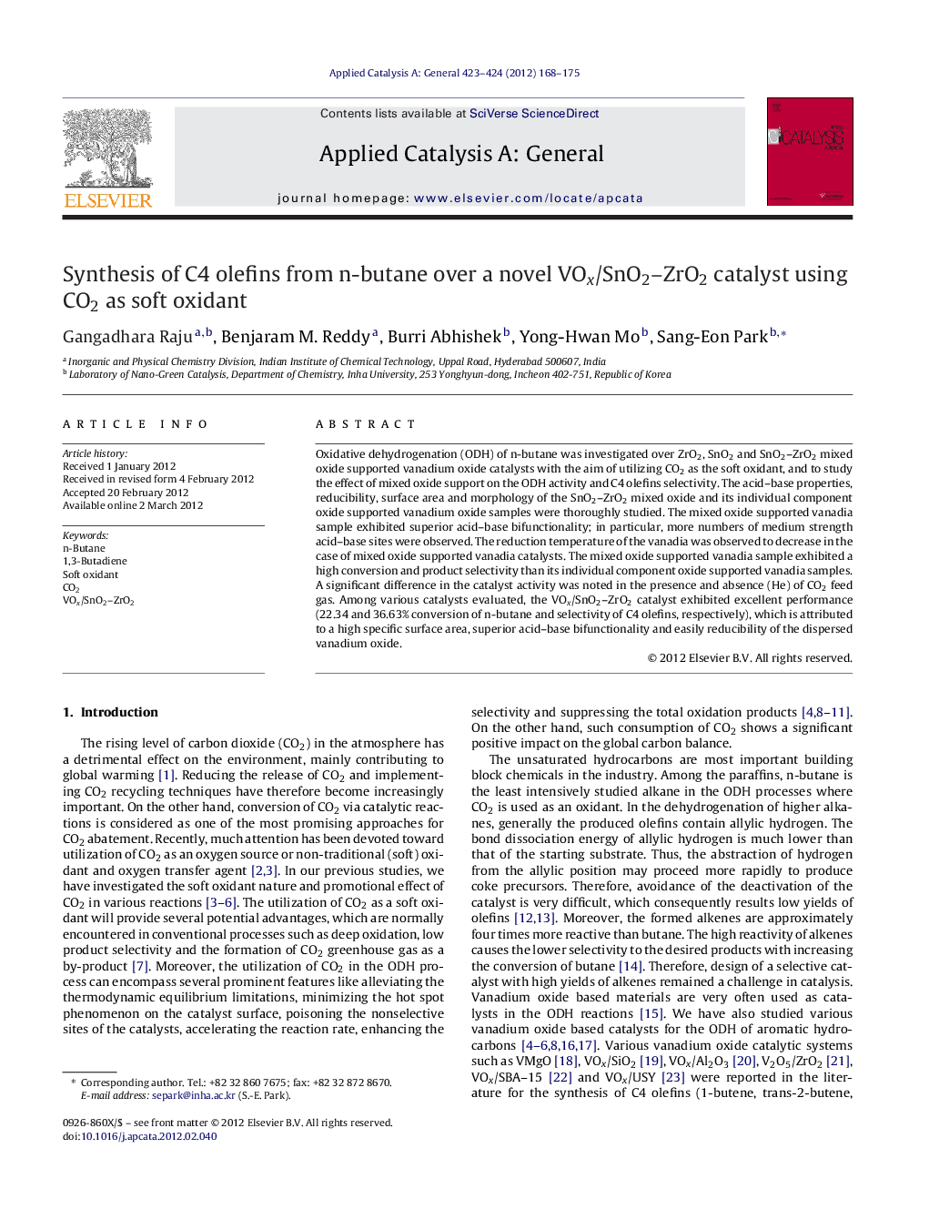 Synthesis of C4 olefins from n-butane over a novel VOx/SnO2–ZrO2 catalyst using CO2 as soft oxidant