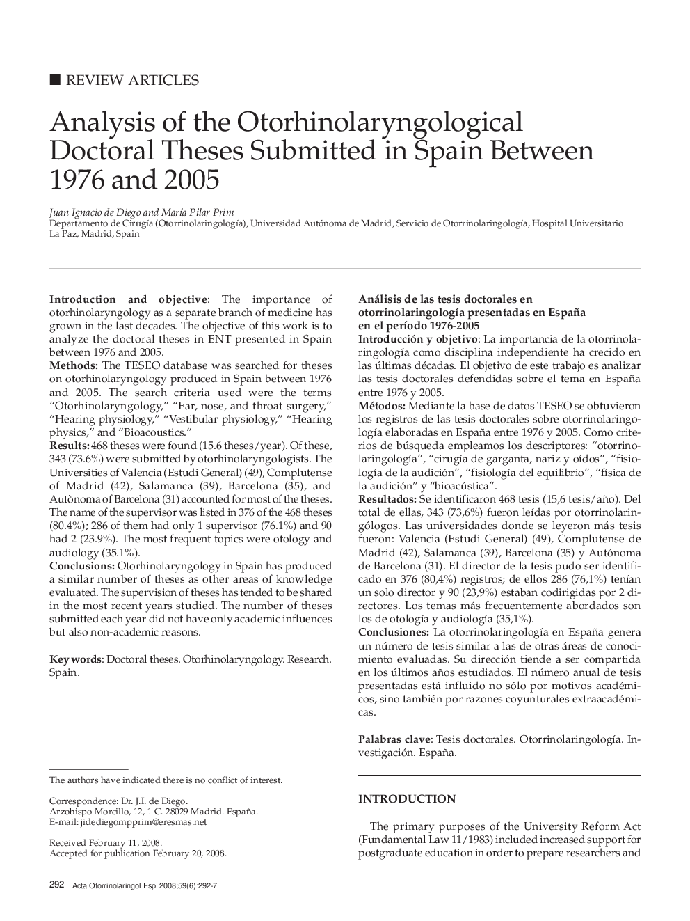 Analysis of the Otorhinolaryngological Doctoral Theses Submitted in Spain Between 1976 and 2005