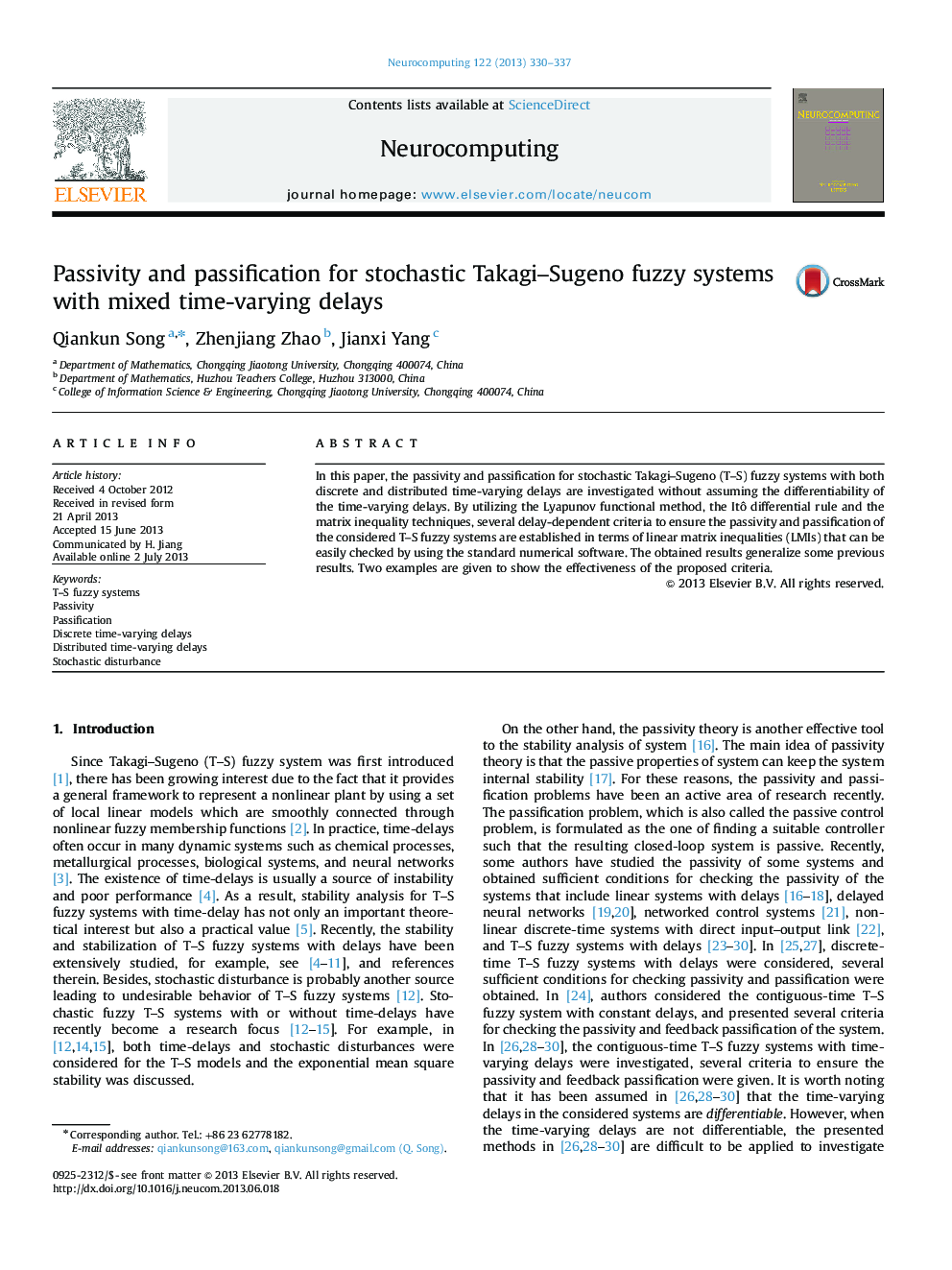 Passivity and passification for stochastic Takagi–Sugeno fuzzy systems with mixed time-varying delays