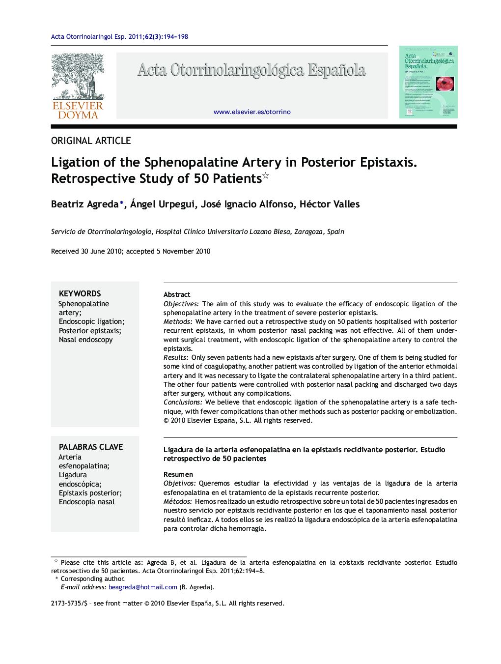 Ligation of the Sphenopalatine Artery in Posterior Epistaxis. Retrospective Study of 50 Patients 