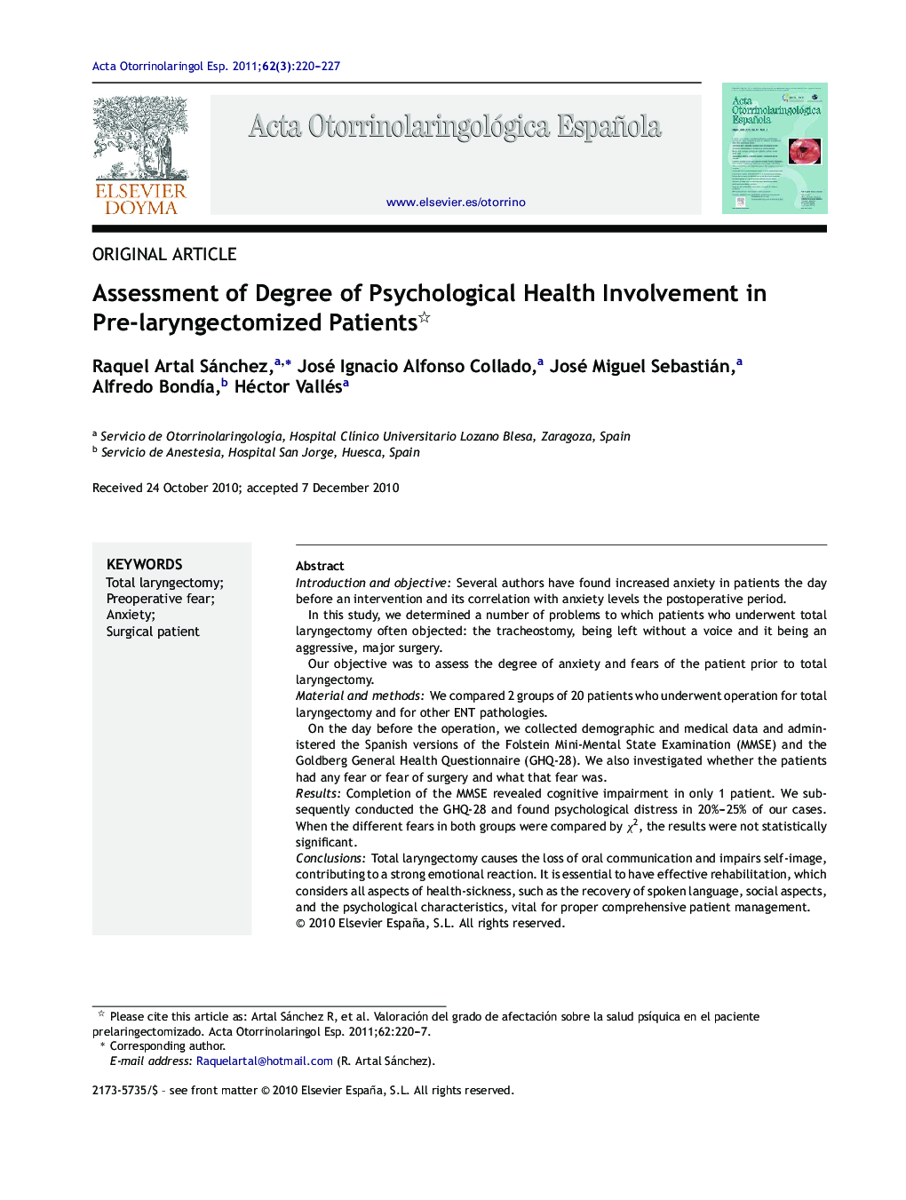 Assessment of Degree of Psychological Health Involvement in Pre-laryngectomized Patients 