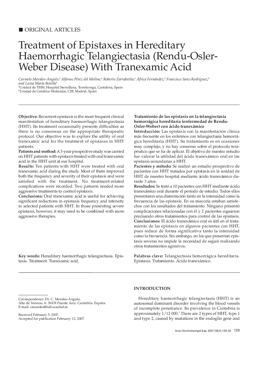 Treatment of Epistaxes in Hereditary Haemorrhagic Telangiectasia (Rendu-Osler-Weber Disease) With Tranexamic Acid