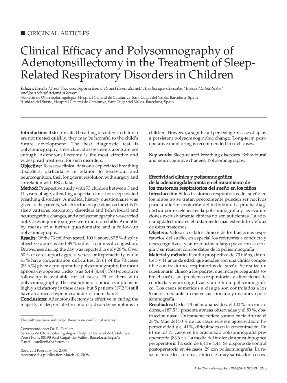 Clinical Efficacy and Polysomnography of Adenotonsillectomy in the Treatment of Sleep-Related Respiratory Disorders in Children