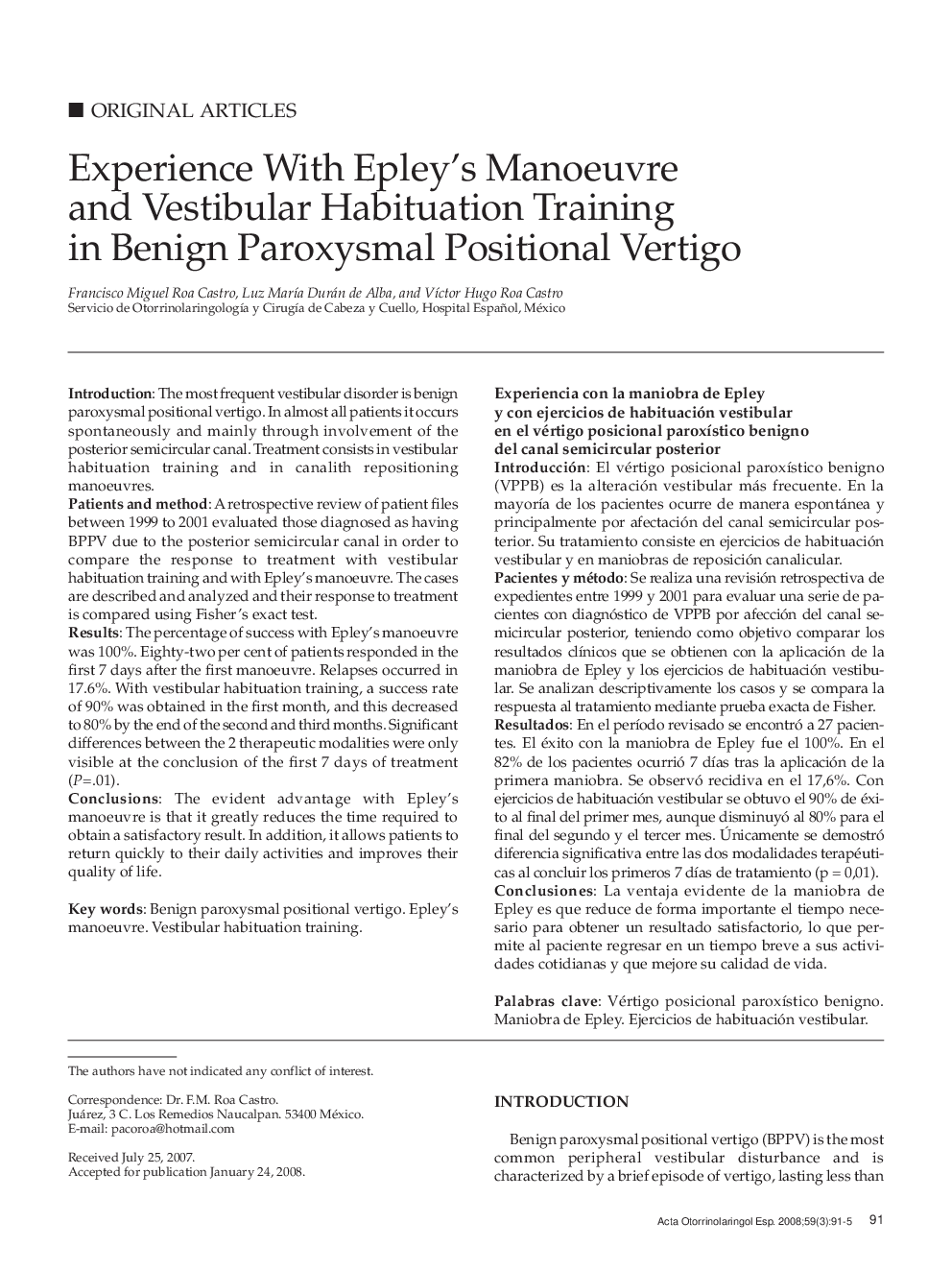 Experience With Epley's Manoeuvre and Vestibular Habituation Training in Benign Paroxysmal Positional Vertigo