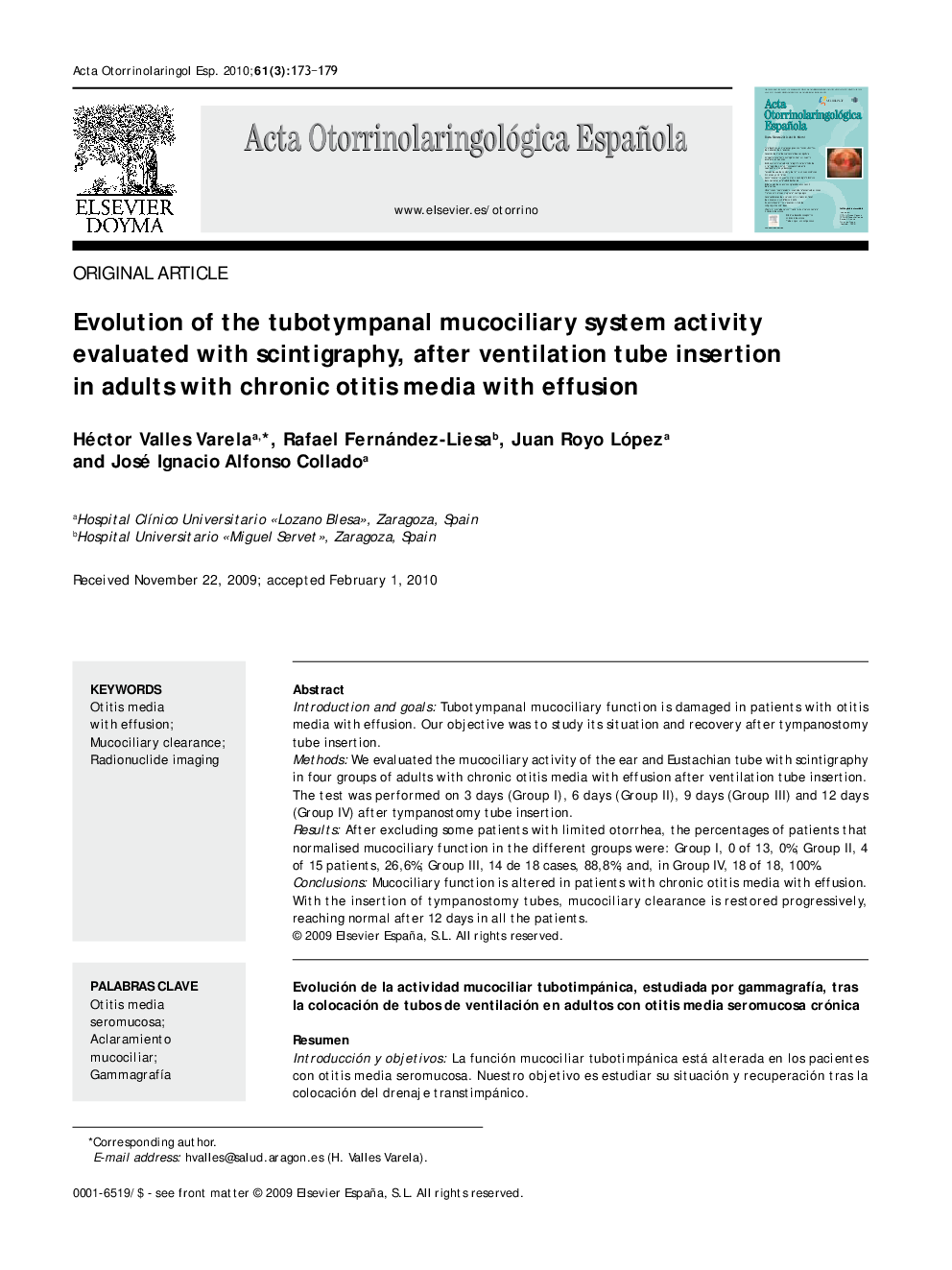 Evolution of the tubotympanal mucociliary system activity evaluated with scintigraphy, after ventilation tube insertion in adults with chronic otitis media with effusion