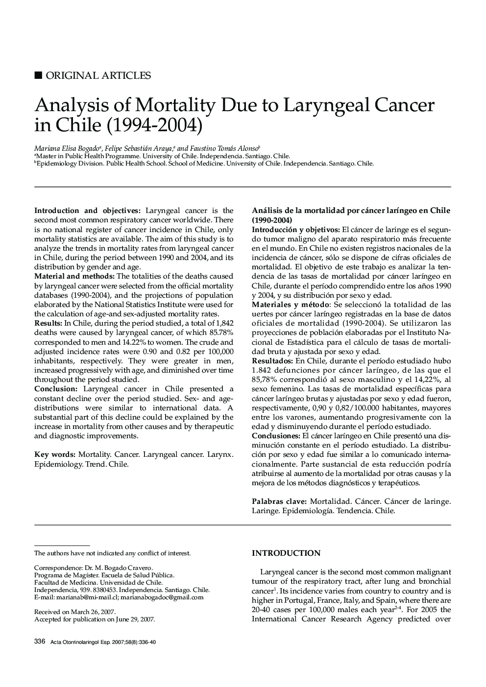 Analysis of Mortality Due to Laryngeal Cancer in Chile (1994–2004)