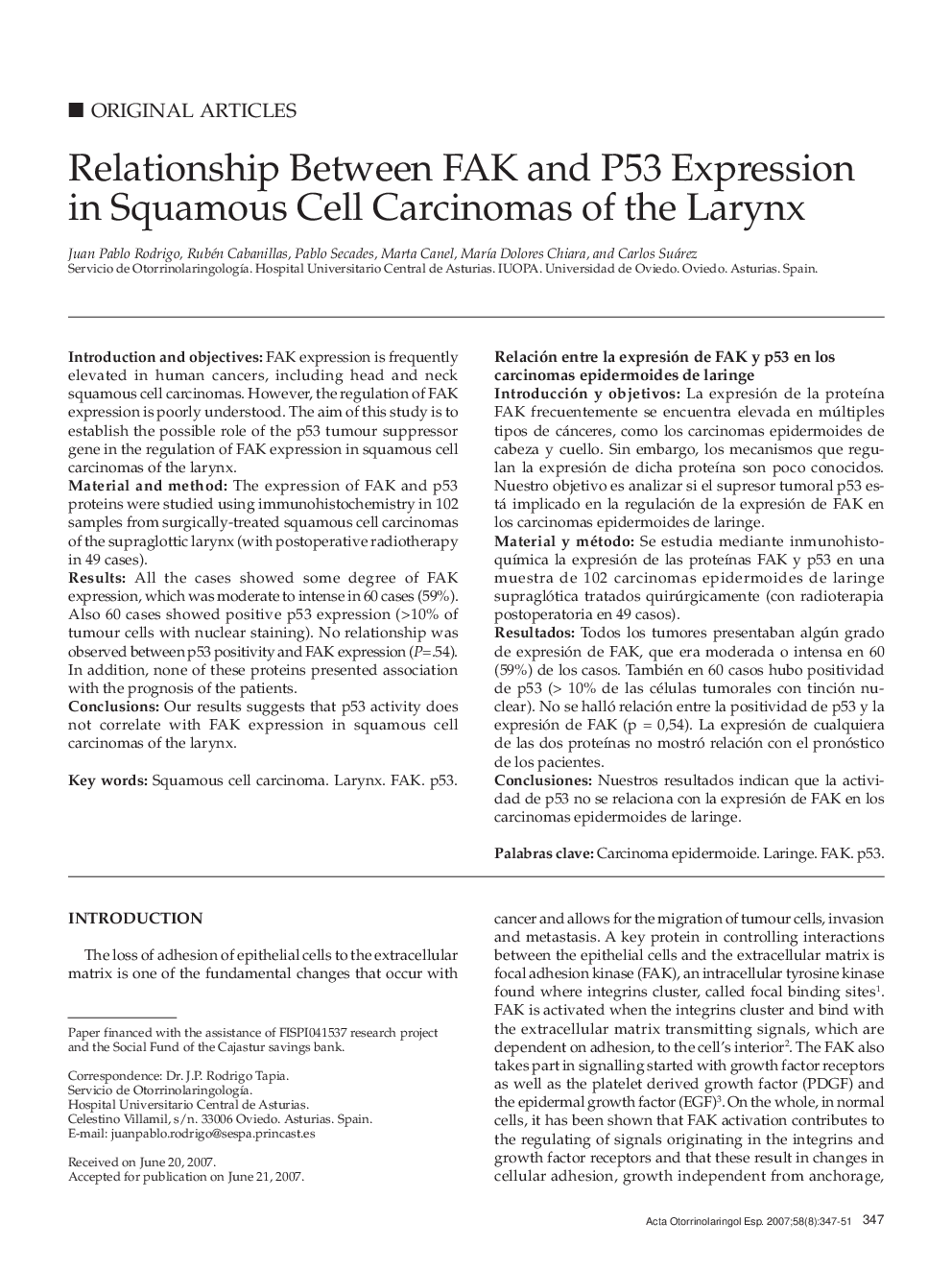 Relationship Between FAK and P53 Expression in Squamous Cell Carcinomas of the Larynx 