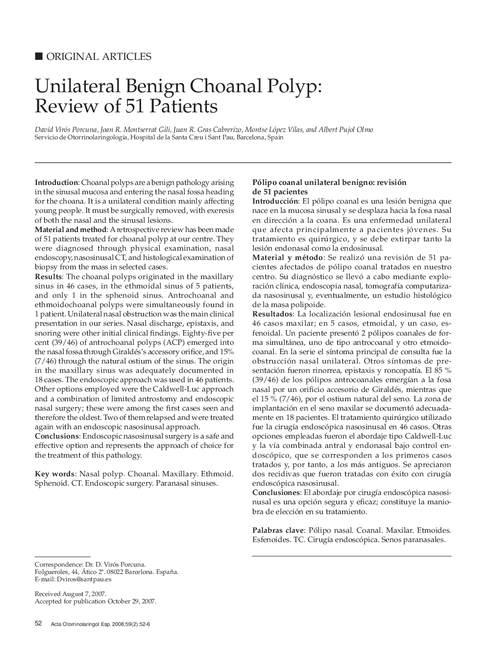 Unilateral Benign Choanal Polyp: Review of 51 Patients