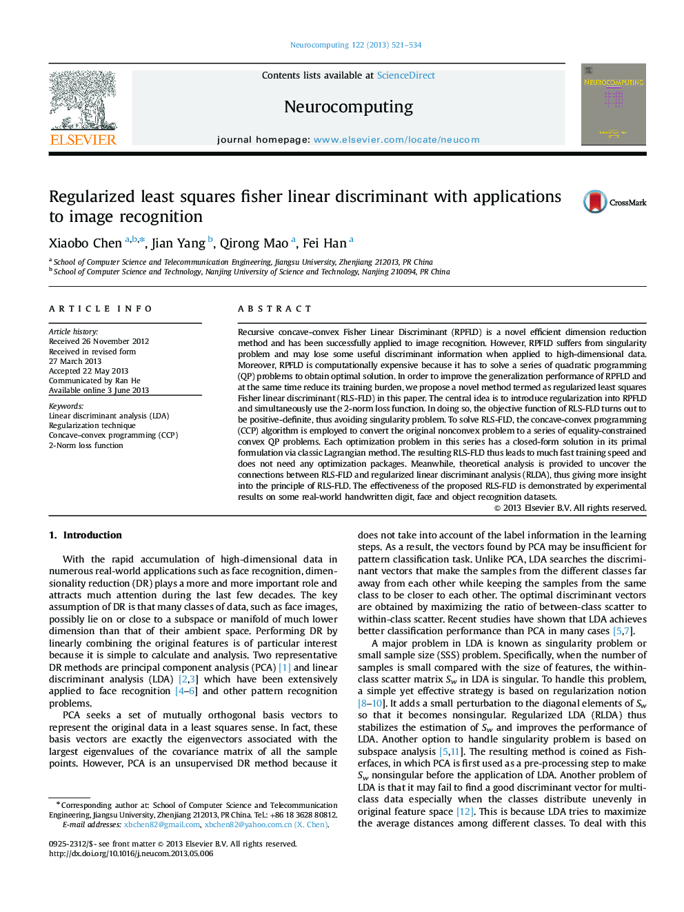 Regularized least squares fisher linear discriminant with applications to image recognition