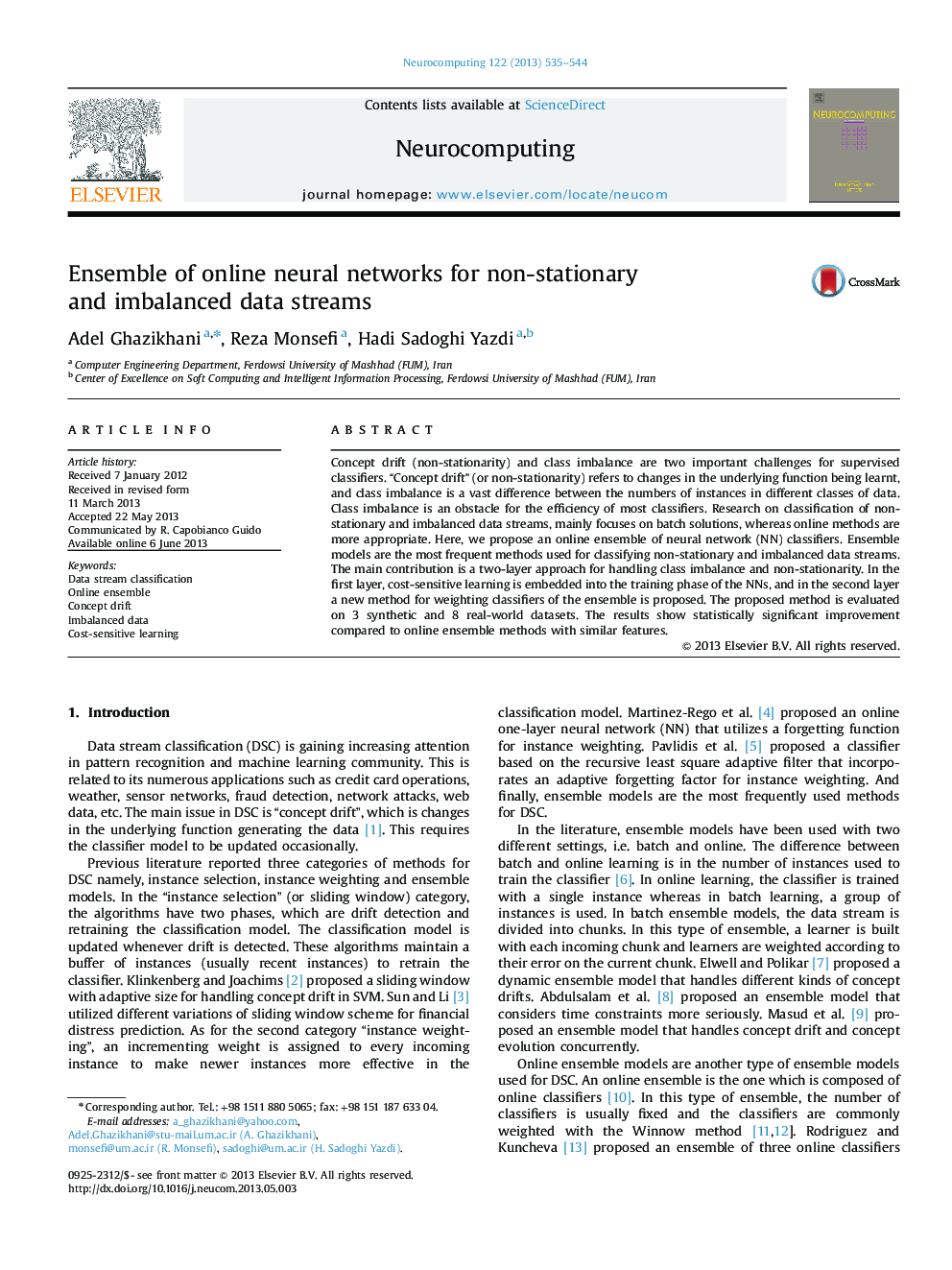 Ensemble of online neural networks for non-stationary and imbalanced data streams