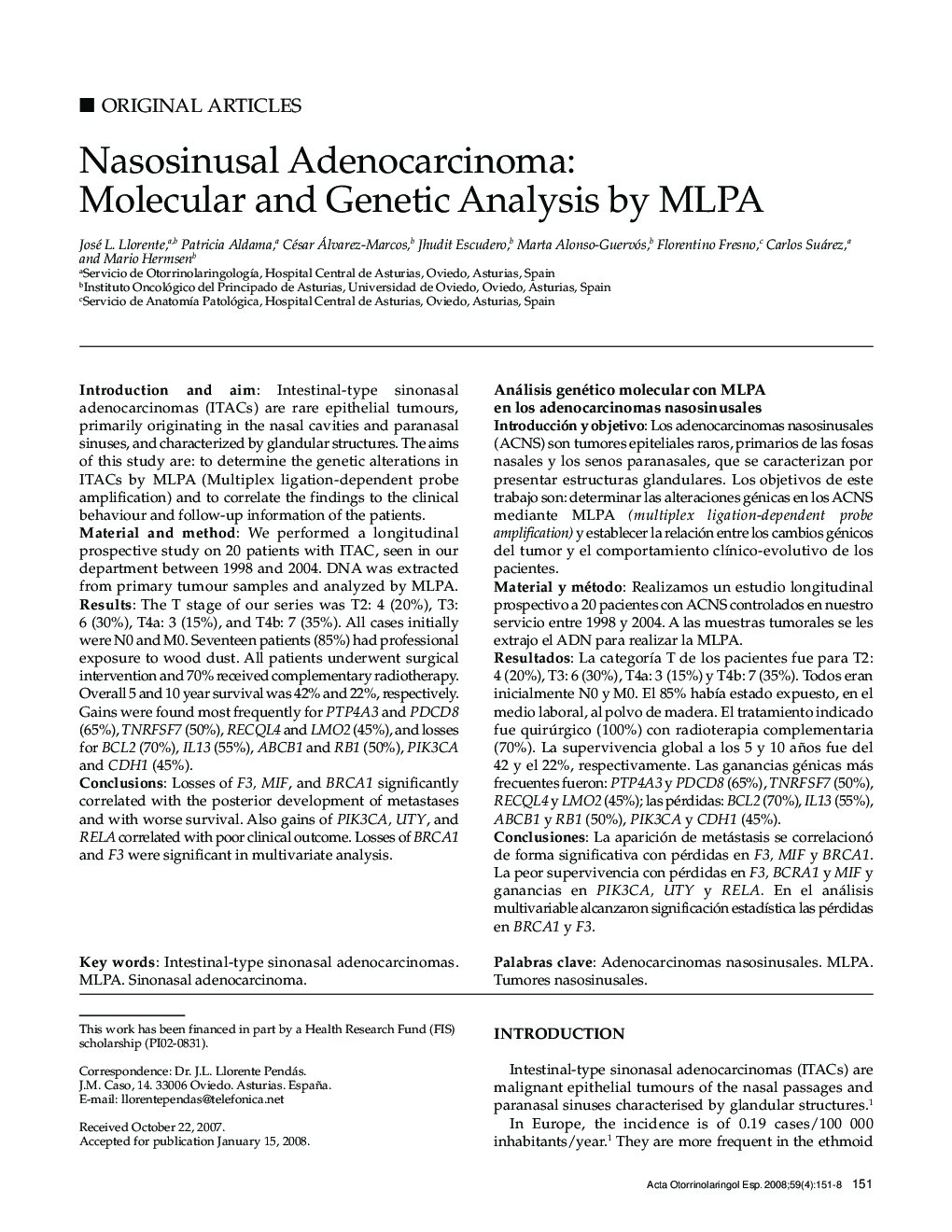 Nasosinusal Adenocarcinoma: Molecular and Genetic Analysis by MLPA