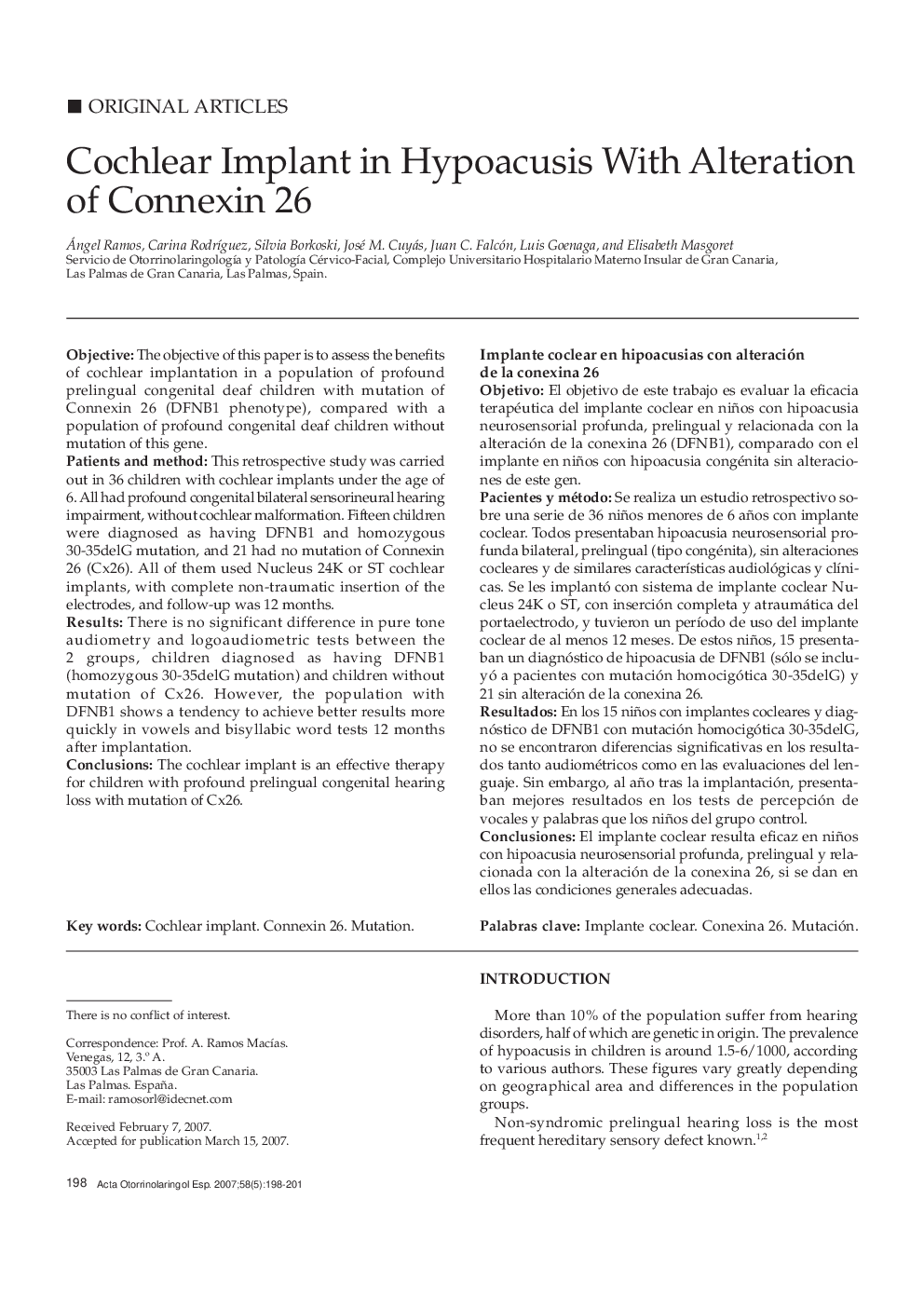 Cochlear Implant in Hypoacusis With Alteration of Connexin 26