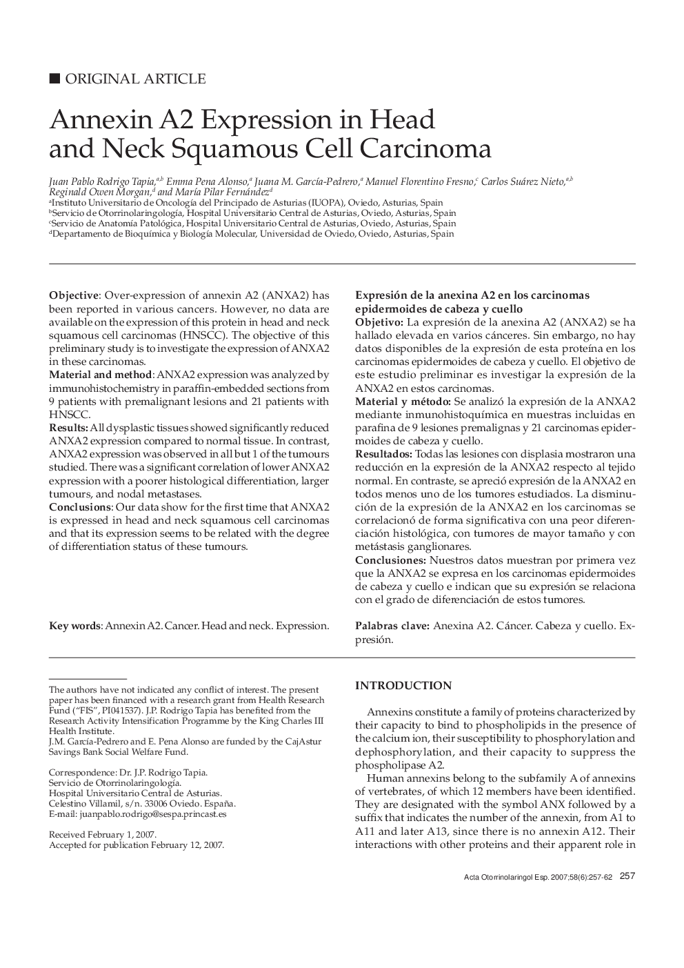 Annexin A2 Expression in Head and Neck Squamous Cell Carcinoma 