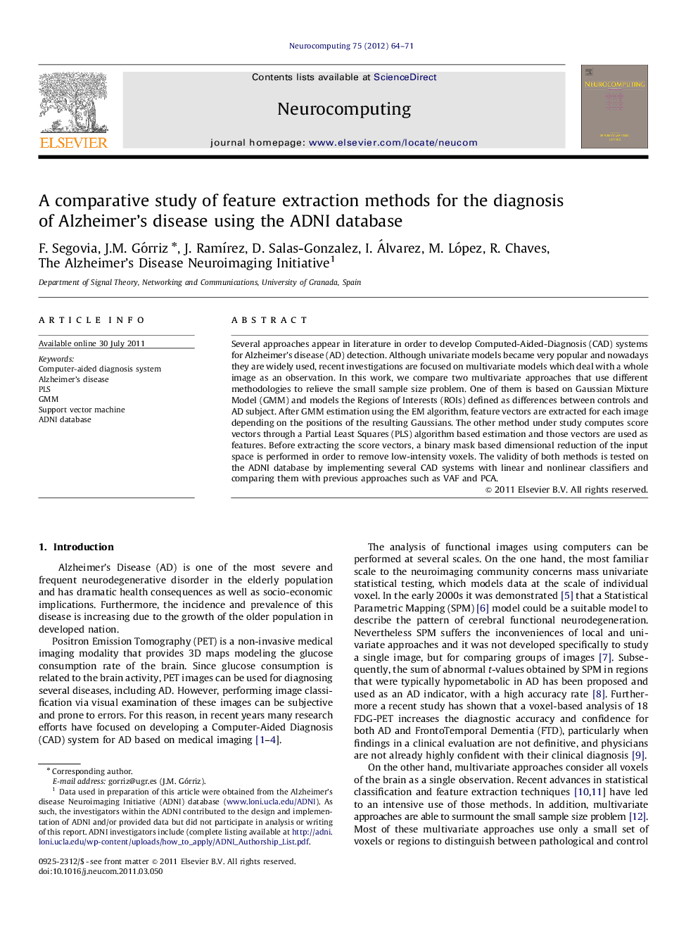 A comparative study of feature extraction methods for the diagnosis of Alzheimer's disease using the ADNI database