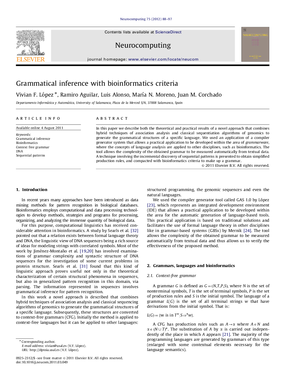 Grammatical inference with bioinformatics criteria