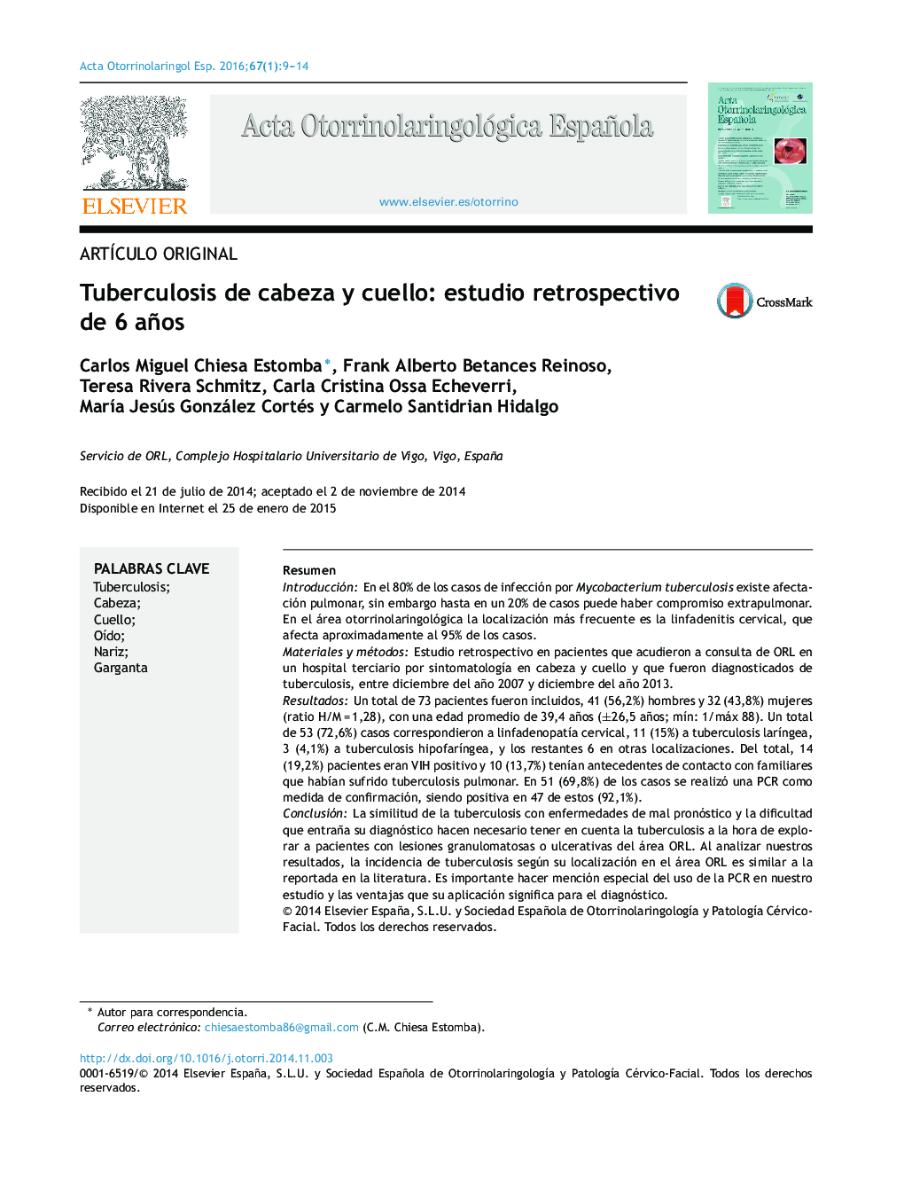 Tuberculosis de cabeza y cuello: estudio retrospectivo de 6 años