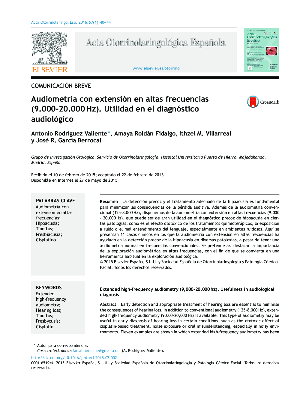 عکس صفحه اول مقاله: Audiometría con extensión en altas frecuencias (9.000-20.000 Hz). Utilidad en el diagnóstico audiológico Audiometría con extensión en altas frecuencias (9.000-20.000 Hz). Utilidad en el diagnóstico audiológico