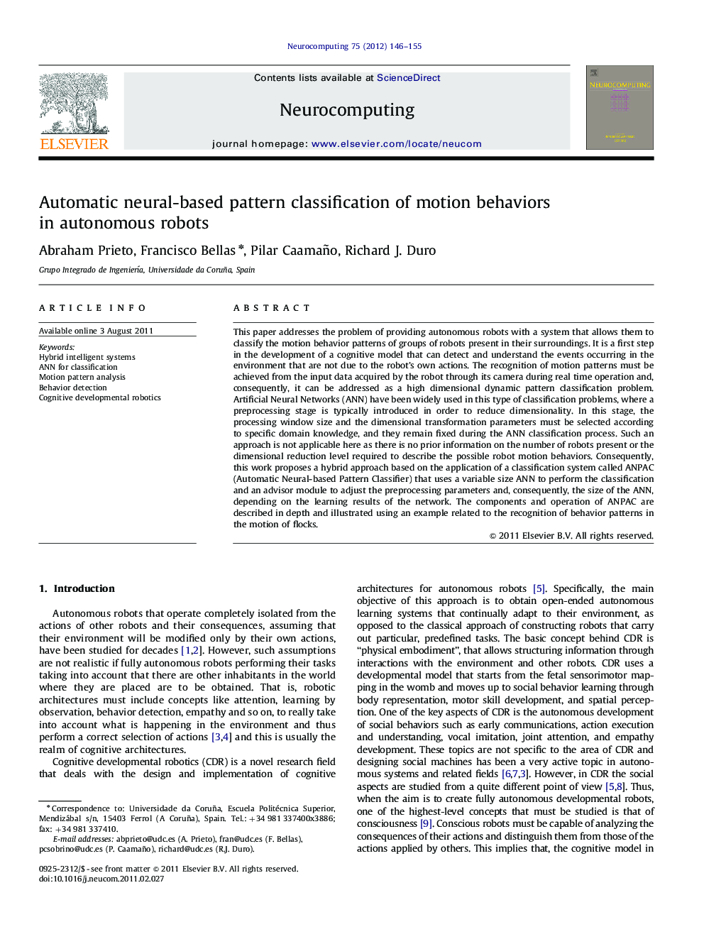 Automatic neural-based pattern classification of motion behaviors in autonomous robots