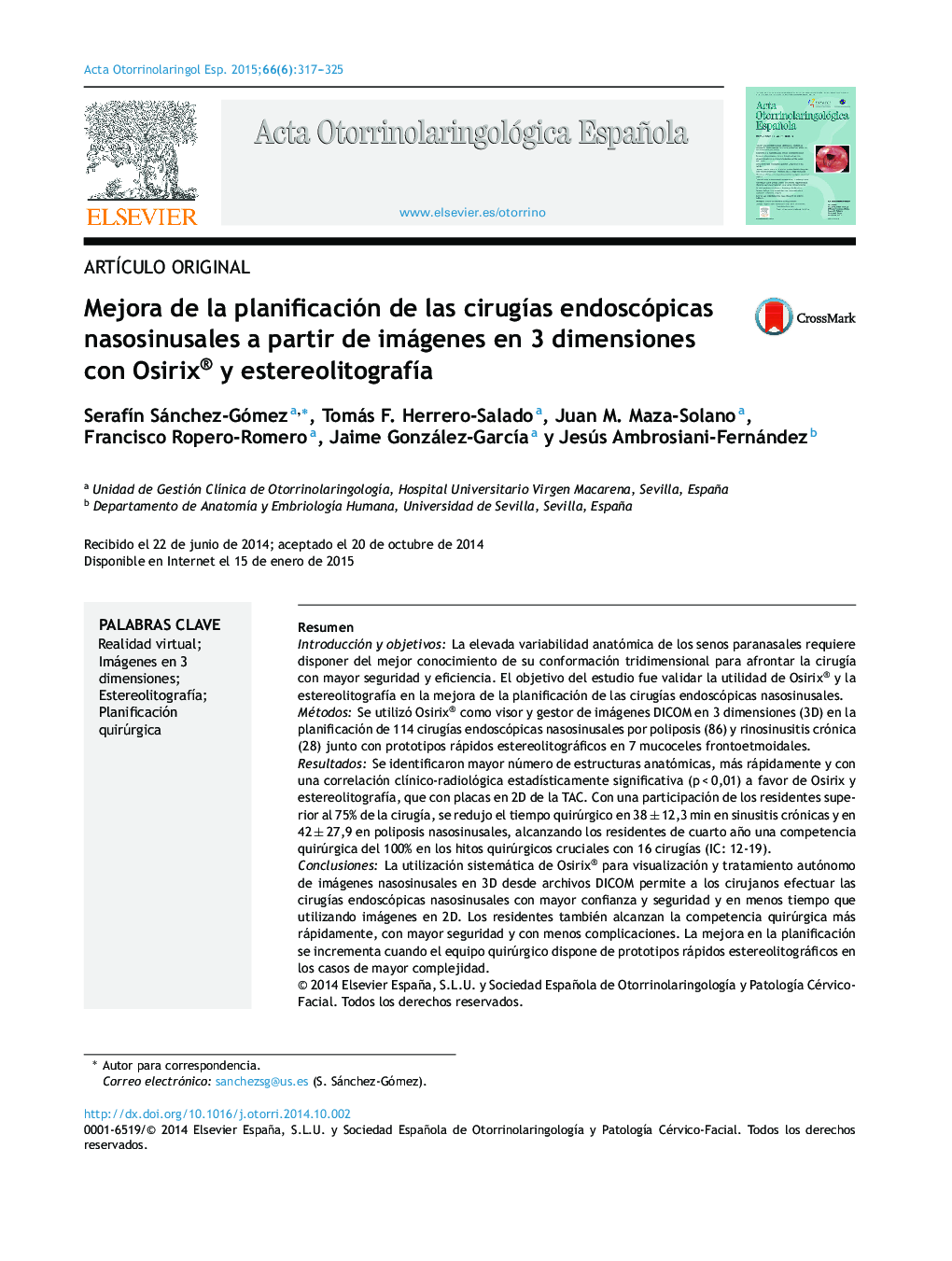 Mejora de la planificación de las cirugÃ­as endoscópicas nasosinusales a partir de imágenes en 3 dimensiones con Osirix® y estereolitografÃ­a