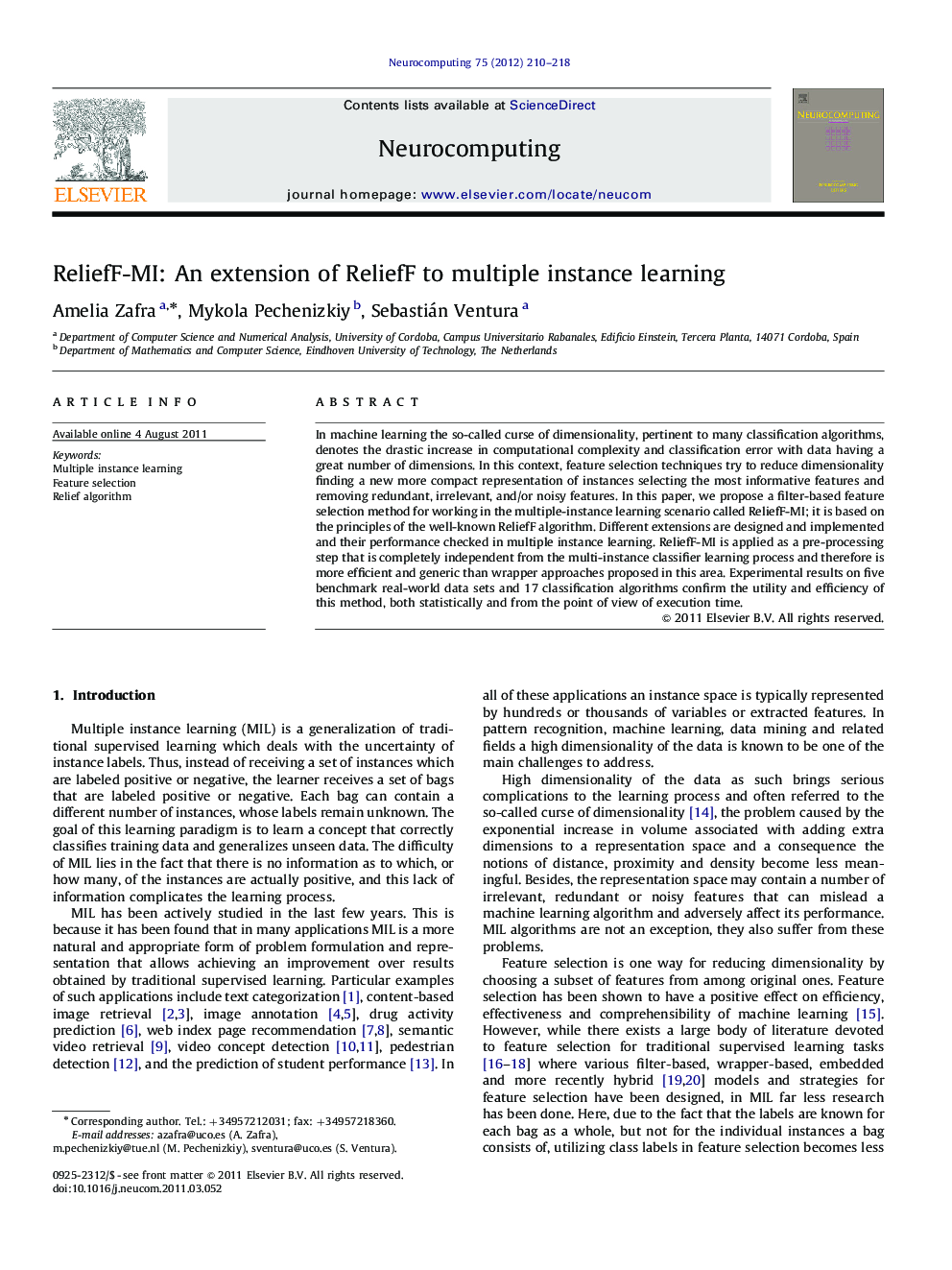 ReliefF-MI: An extension of ReliefF to multiple instance learning