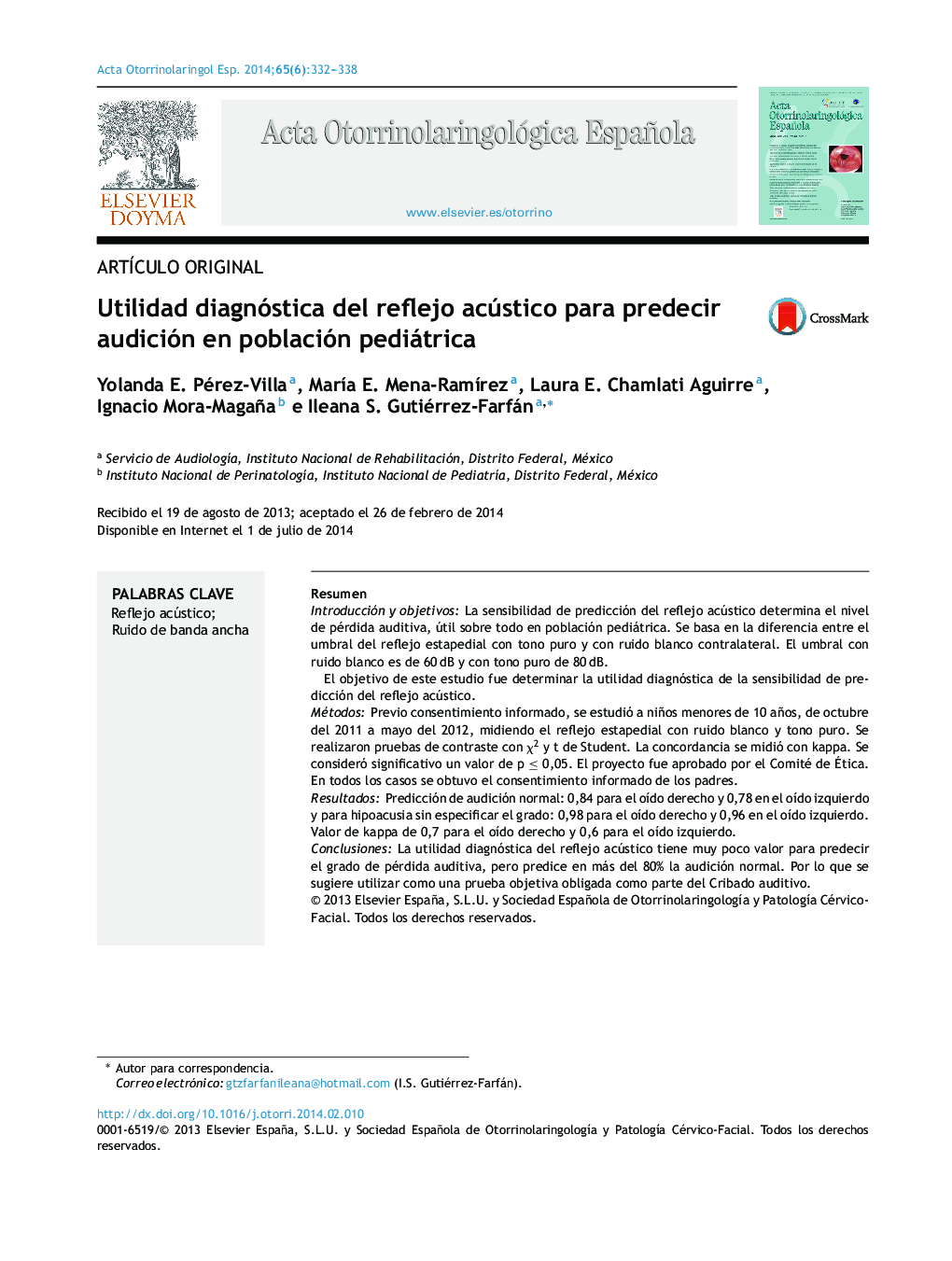 Utilidad diagnóstica del reflejo acústico para predecir audición en población pediátrica