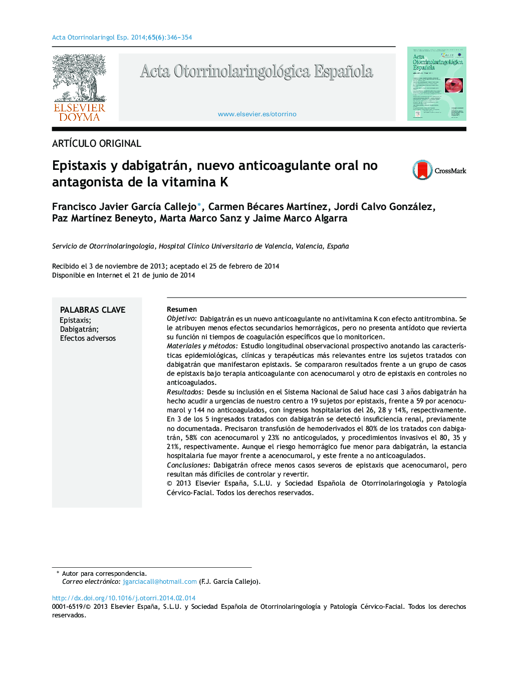 Epistaxis y dabigatrán, nuevo anticoagulante oral no antagonista de la vitamina K