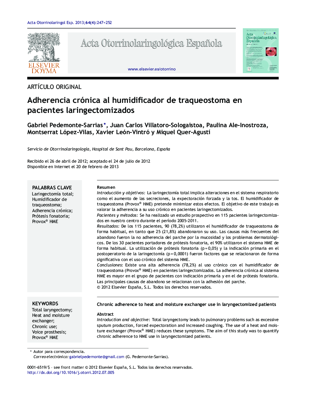 Adherencia crónica al humidificador de traqueostoma en pacientes laringectomizados