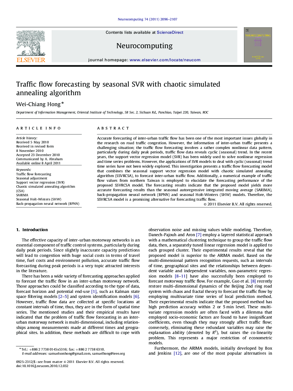 Traffic flow forecasting by seasonal SVR with chaotic simulated annealing algorithm