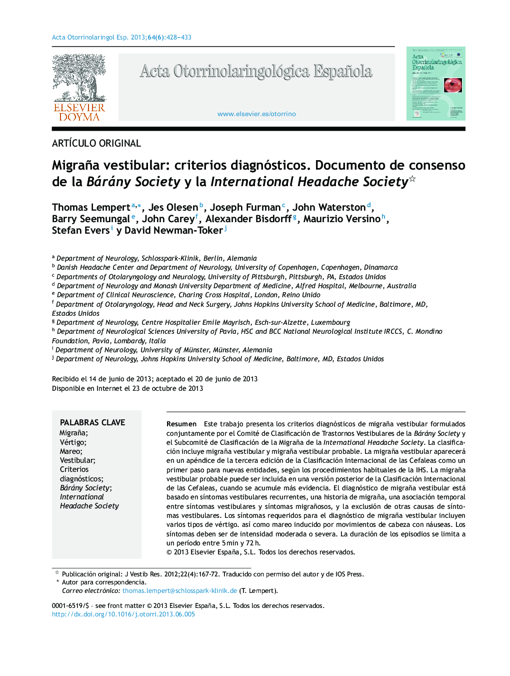 Migraña vestibular: criterios diagnósticos. Documento de consenso de la Bárány Society y la International Headache Society 