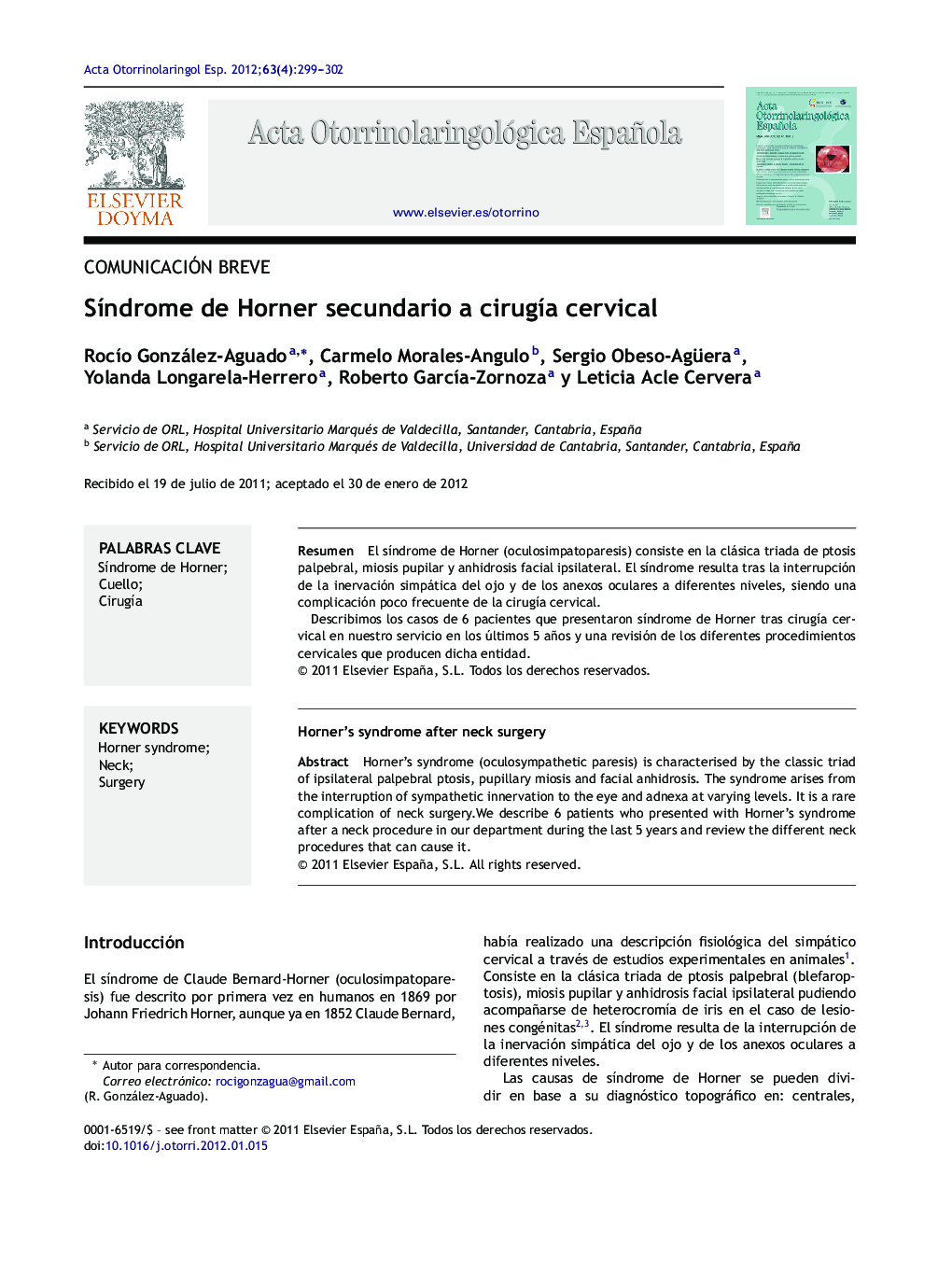 SÃ­ndrome de Horner secundario a cirugÃ­a cervical