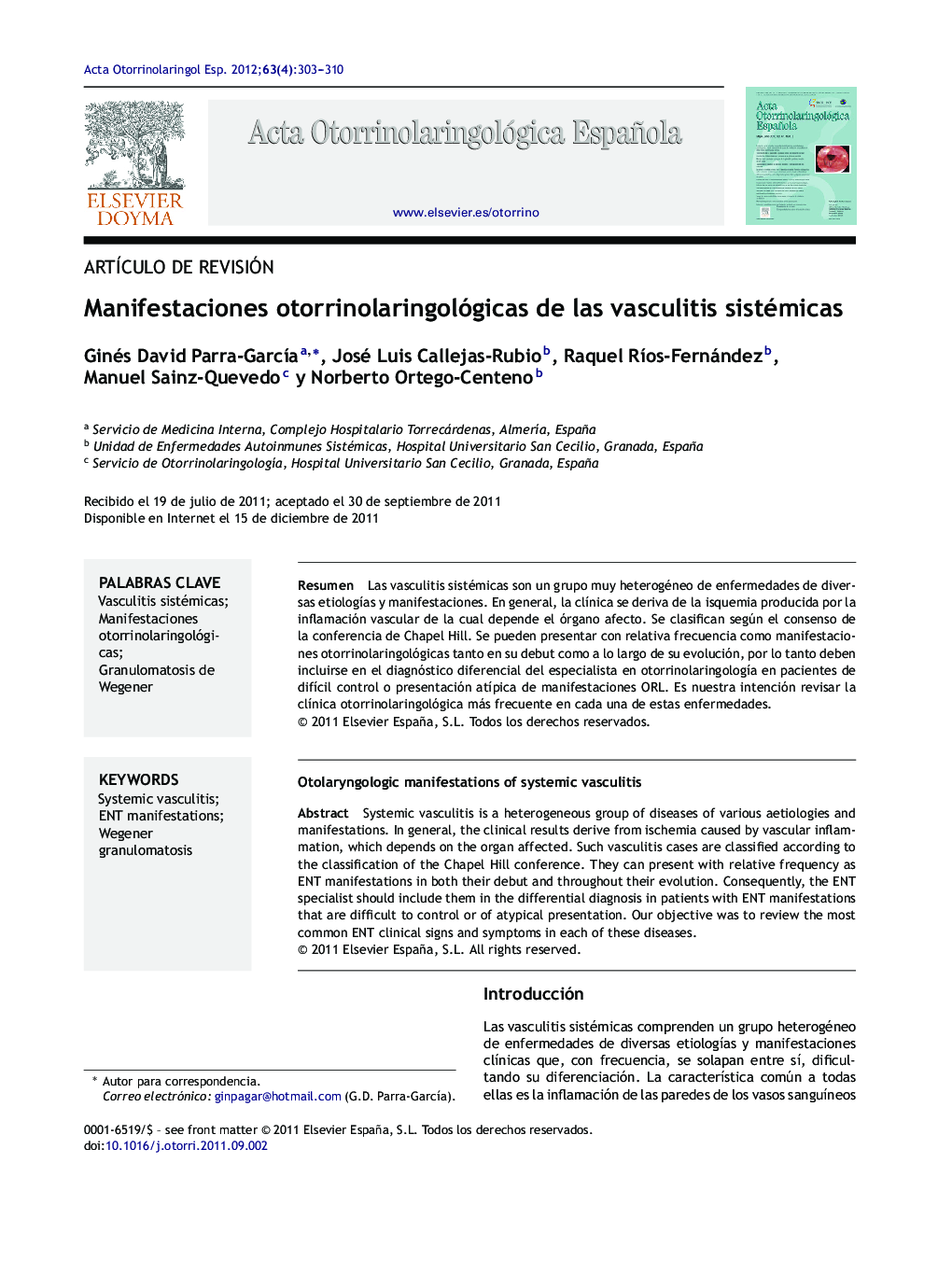 Manifestaciones otorrinolaringológicas de las vasculitis sistémicas