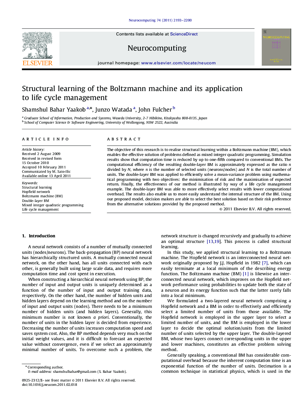 Structural learning of the Boltzmann machine and its application to life cycle management