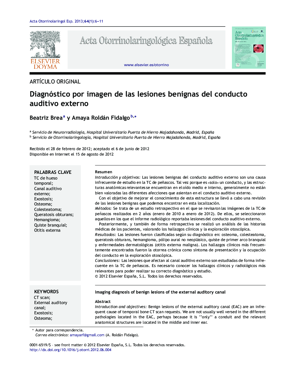 Diagnóstico por imagen de las lesiones benignas del conducto auditivo externo