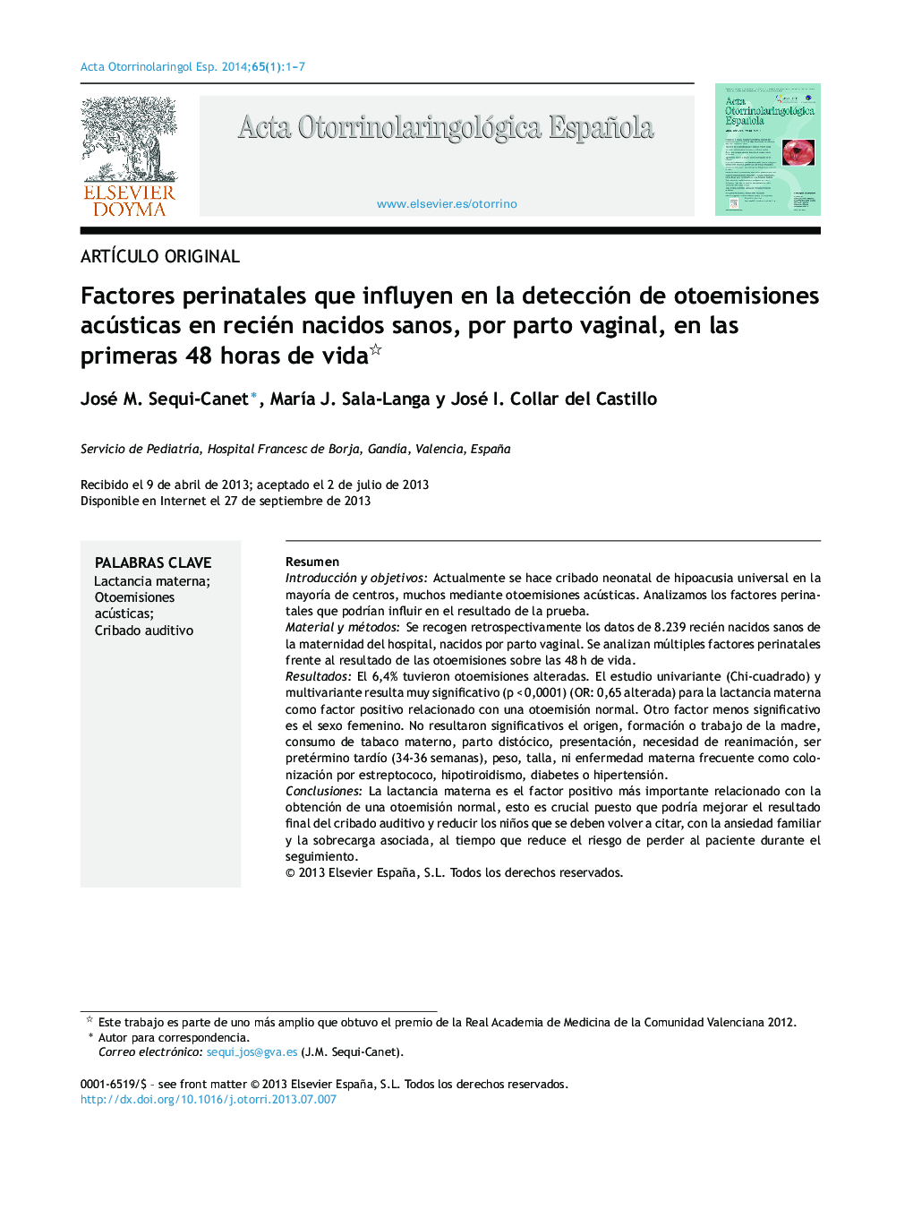 Factores perinatales que influyen en la detección de otoemisiones acústicas en recién nacidos sanos, por parto vaginal, en las primeras 48 horas de vida