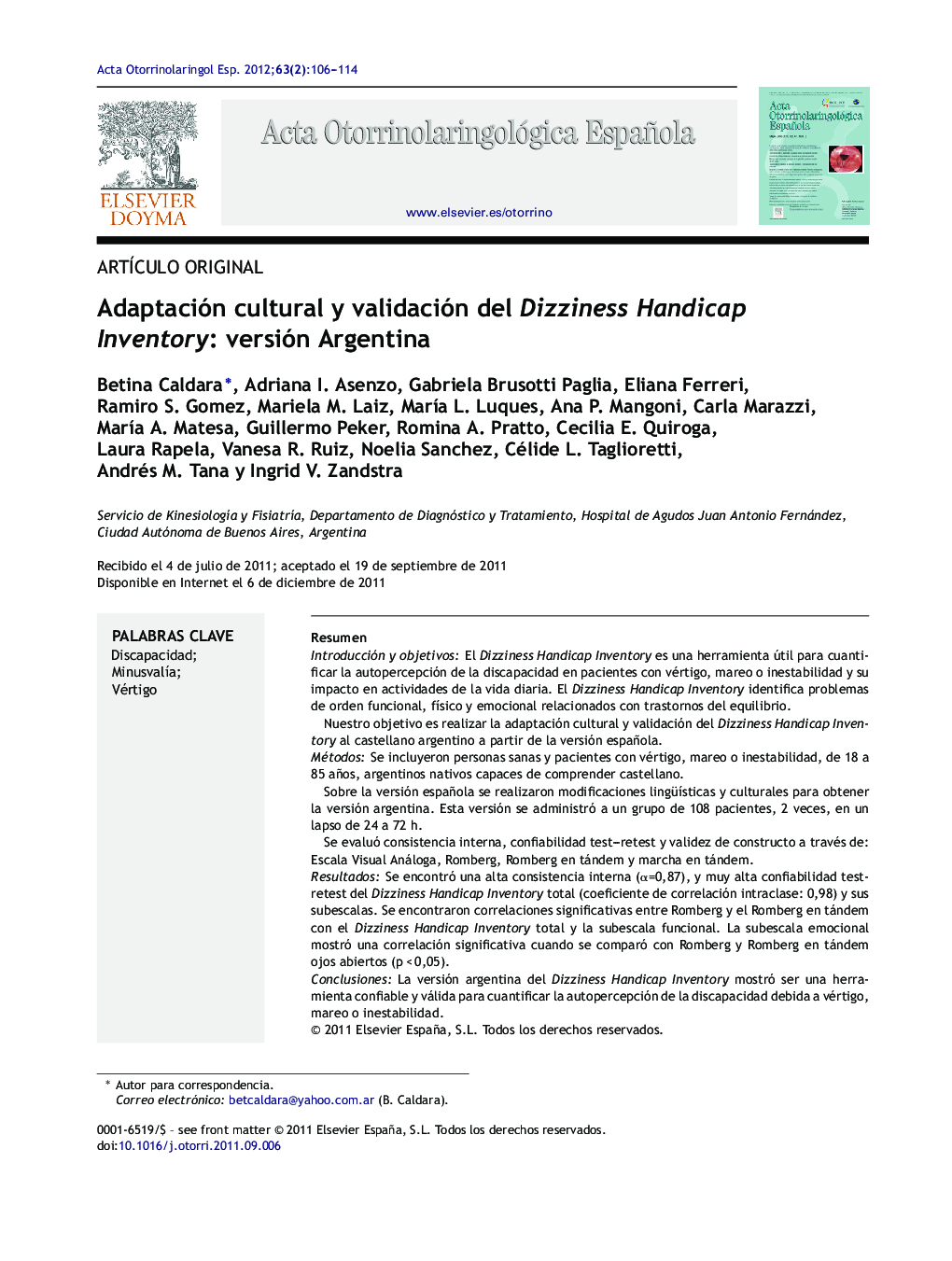 Adaptación cultural y validación del Dizziness Handicap Inventory: versión Argentina