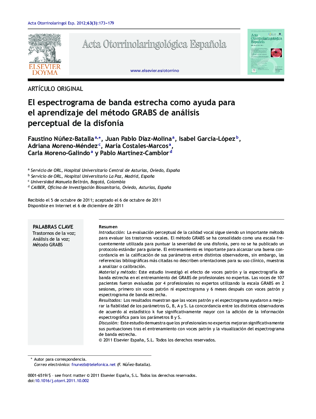 El espectrograma de banda estrecha como ayuda para el aprendizaje del método GRABS de análisis perceptual de la disfonía