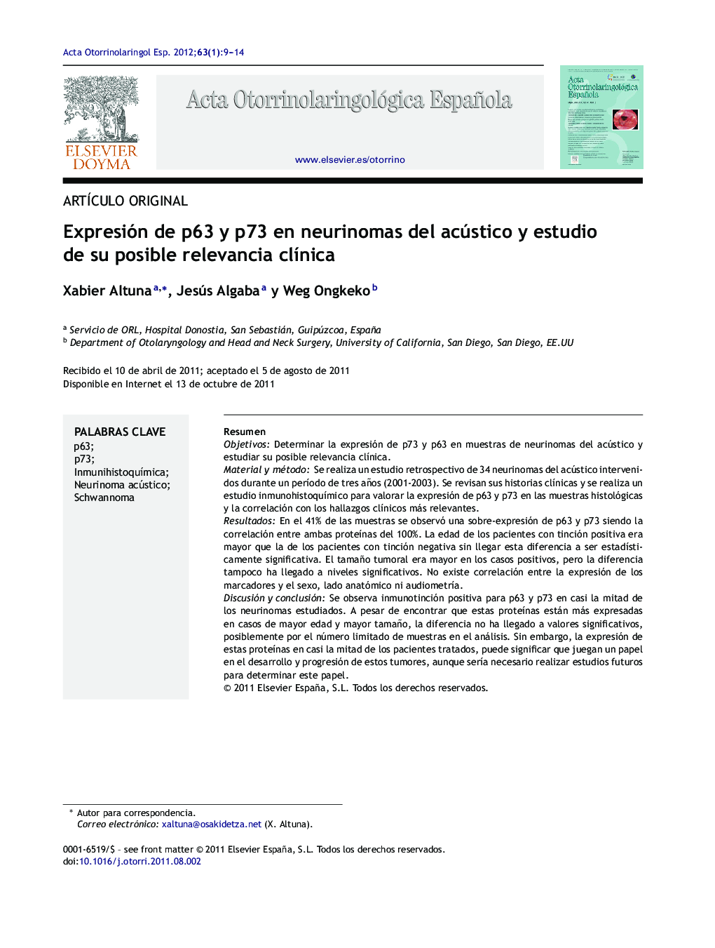 Expresión de p63 y p73 en neurinomas del acústico y estudio de su posible relevancia clínica