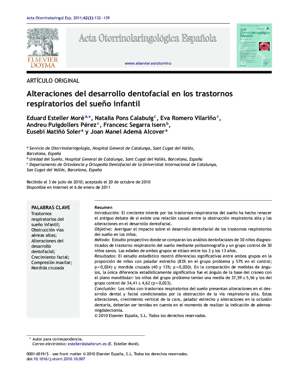 عکس صفحه اول مقاله: Alteraciones del desarrollo dentofacial en los trastornos respiratorios del sueño infantil Alteraciones del desarrollo dentofacial en los trastornos respiratorios del sueño infantil