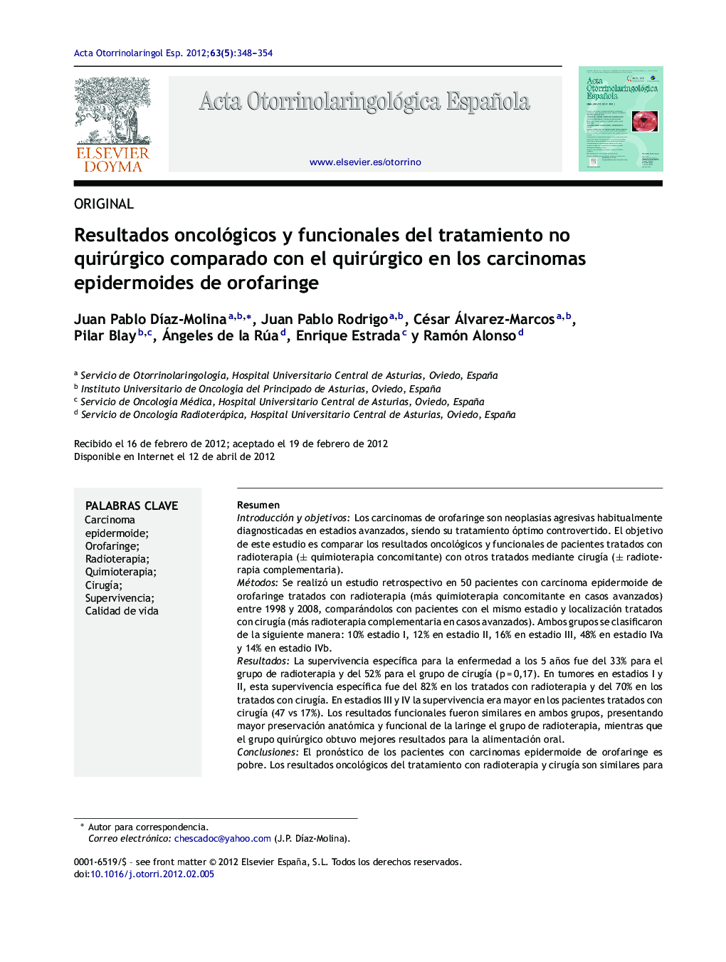 Resultados oncológicos y funcionales del tratamiento no quirúrgico comparado con el quirúrgico en los carcinomas epidermoides de orofaringe