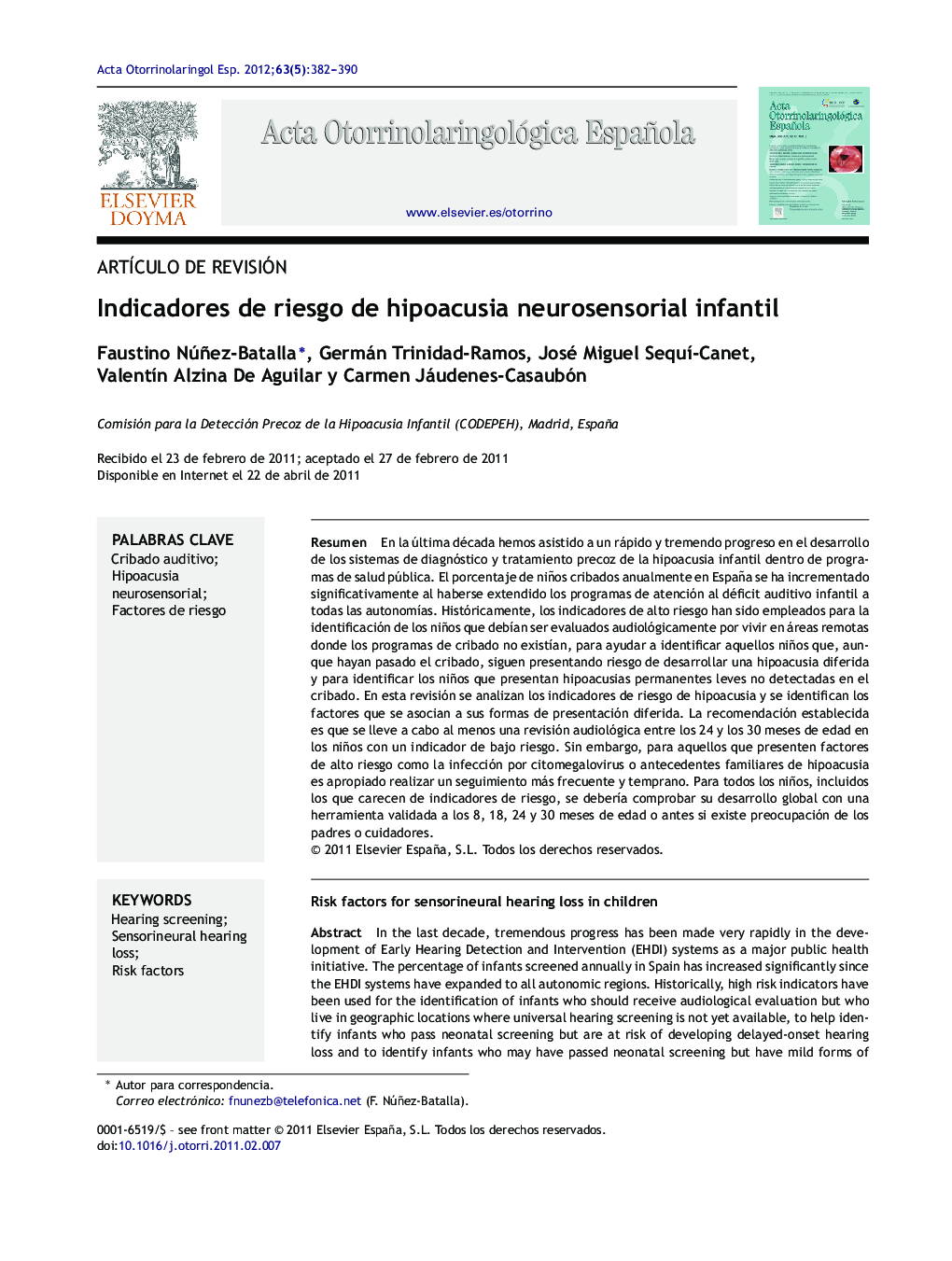 Indicadores de riesgo de hipoacusia neurosensorial infantil