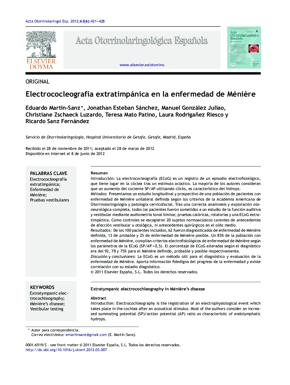 ElectrococleografÃ­a extratimpánica en la enfermedad de MéniÃ¨re