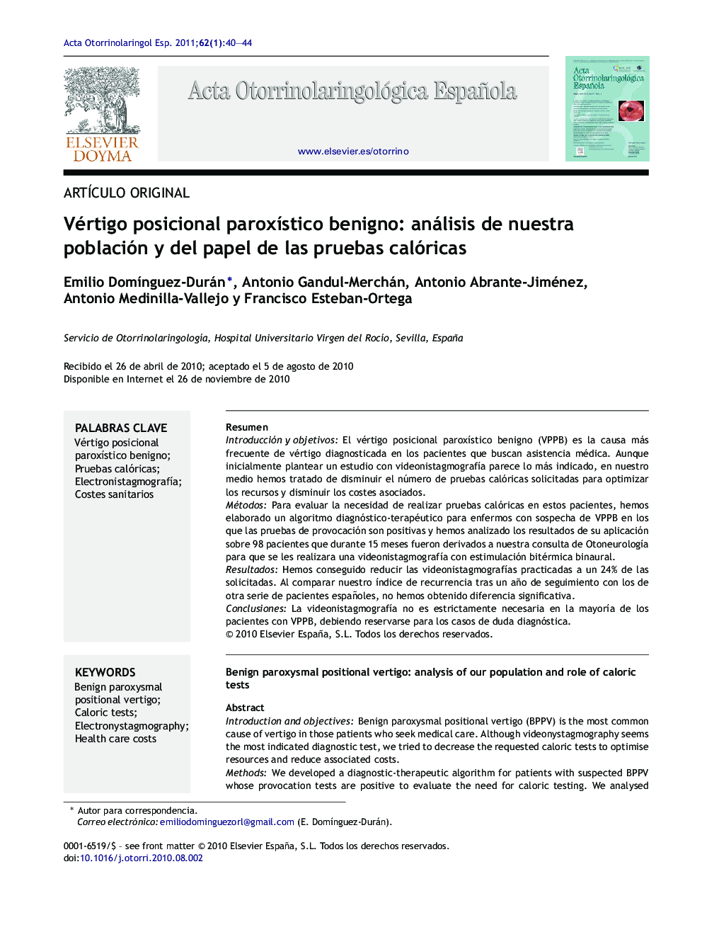 Vértigo posicional paroxístico benigno: análisis de nuestra población y del papel de las pruebas calóricas